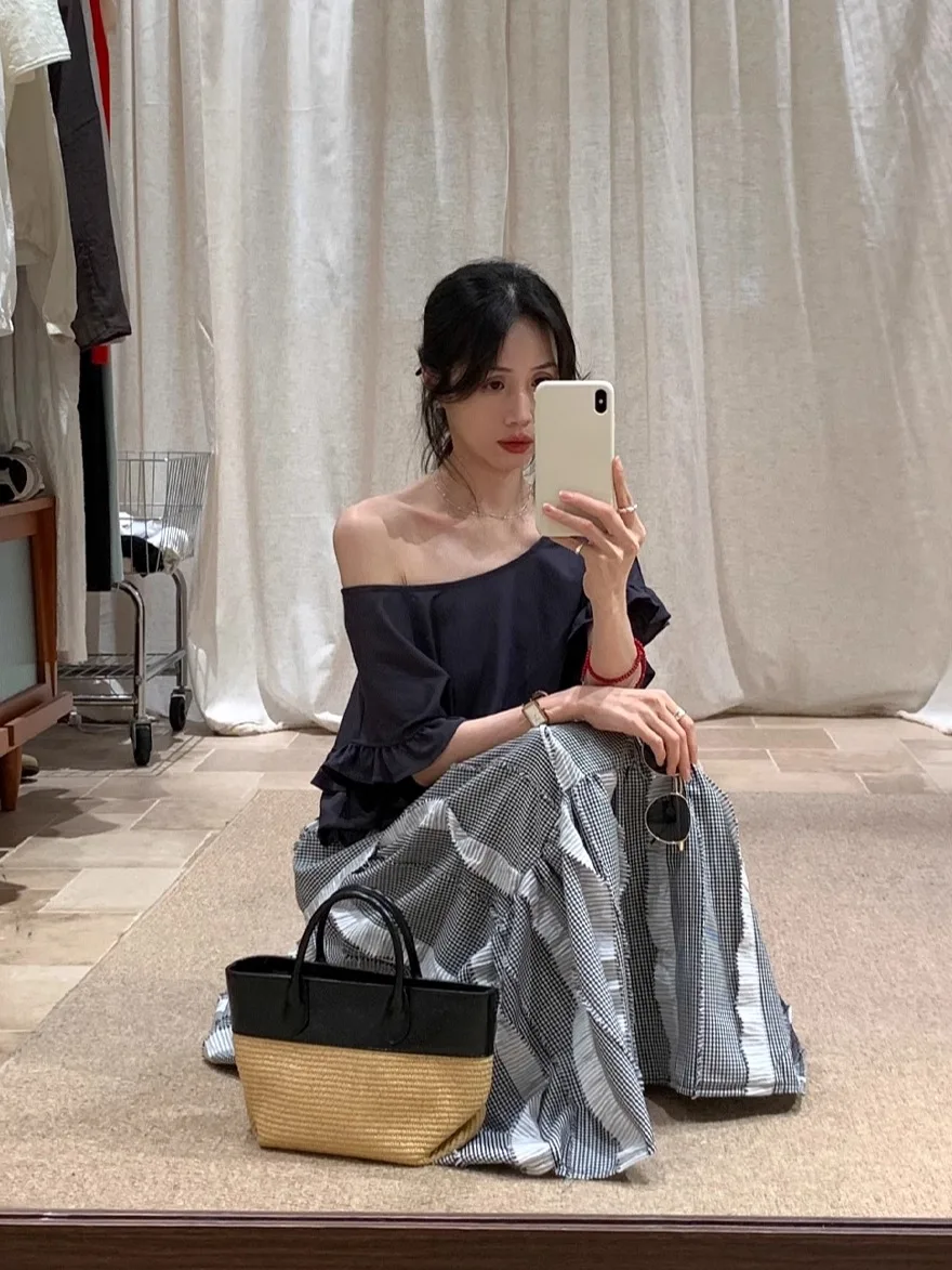 

BRIVIN Korean Sle Vintage Patchwork Asymmetrical f Skirt Set Women Summer New Sle Slimming Two Piece Set Commute Sle
