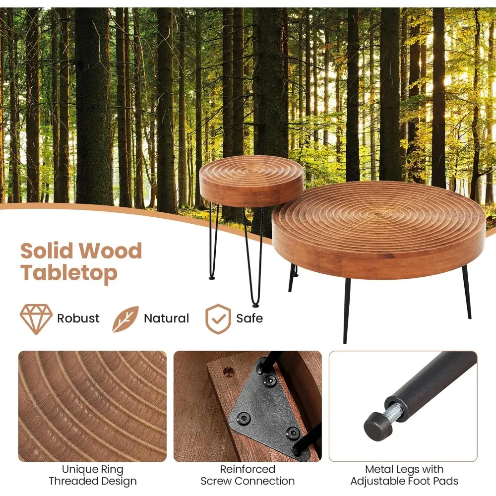 Conjunto de mesa de centro rústica estilo fazenda - 2 mesas laterais com estrutura de metal com acabamento em madeira e pés ajustáveis