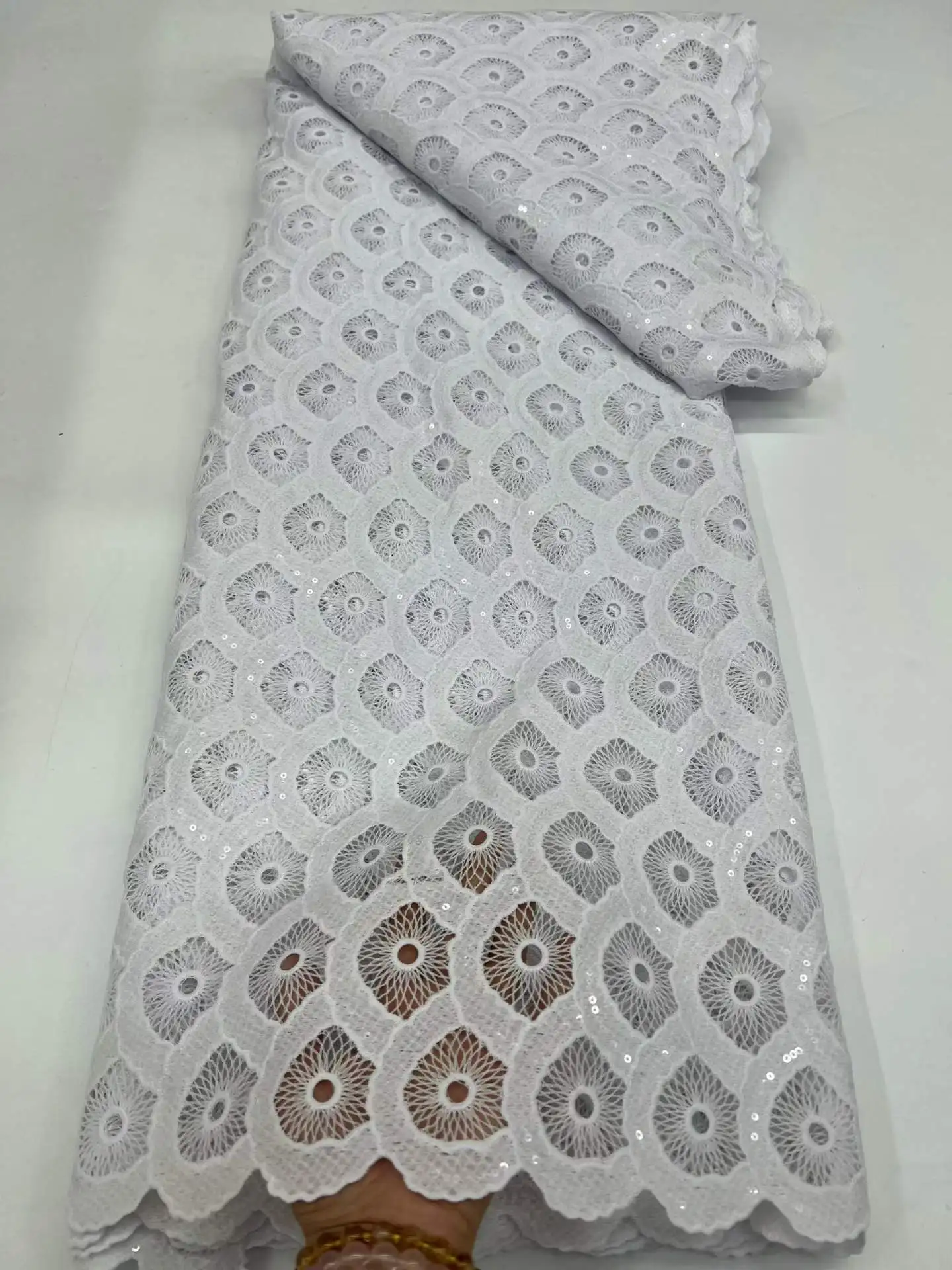 

White Sequins Water Soluble Fabric Lace African Guipure Cord Lace Fabric High Quality Elegant For Women Wedding Party Dresses,