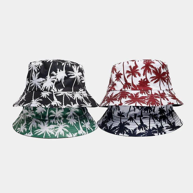 Palm Tree Print Bucket Hat Tropical Hawaiian Casual Sun Cap