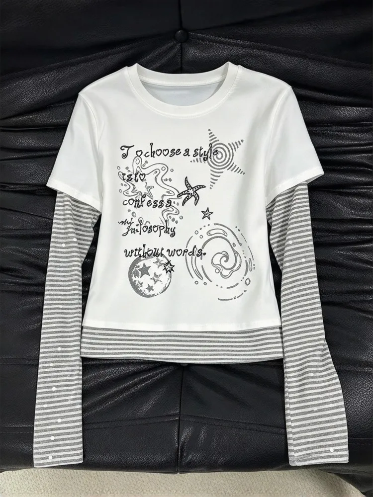 Sweet Y2K Retro Print Fake Two Piece T-shirt Women American Vintage Slim Tops Autumn Aesthetic Fashion Long Sleeve T-shirt New