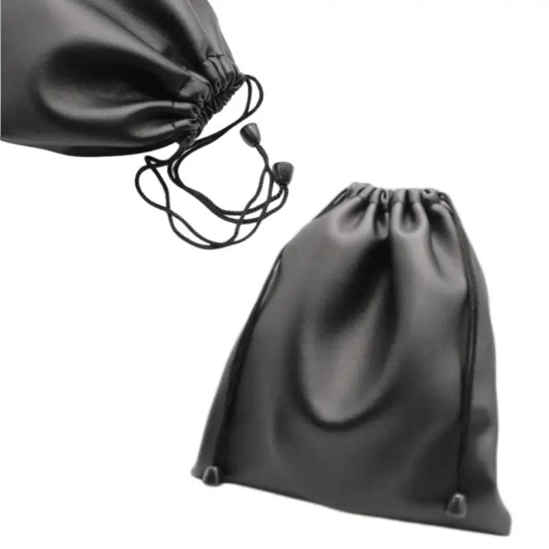 【Y】1Pcs Black Durable Drawstring Bag Dust-proof PU Leather Draw String Headphone Storage Bag Multi-purpose Headset Storage Case