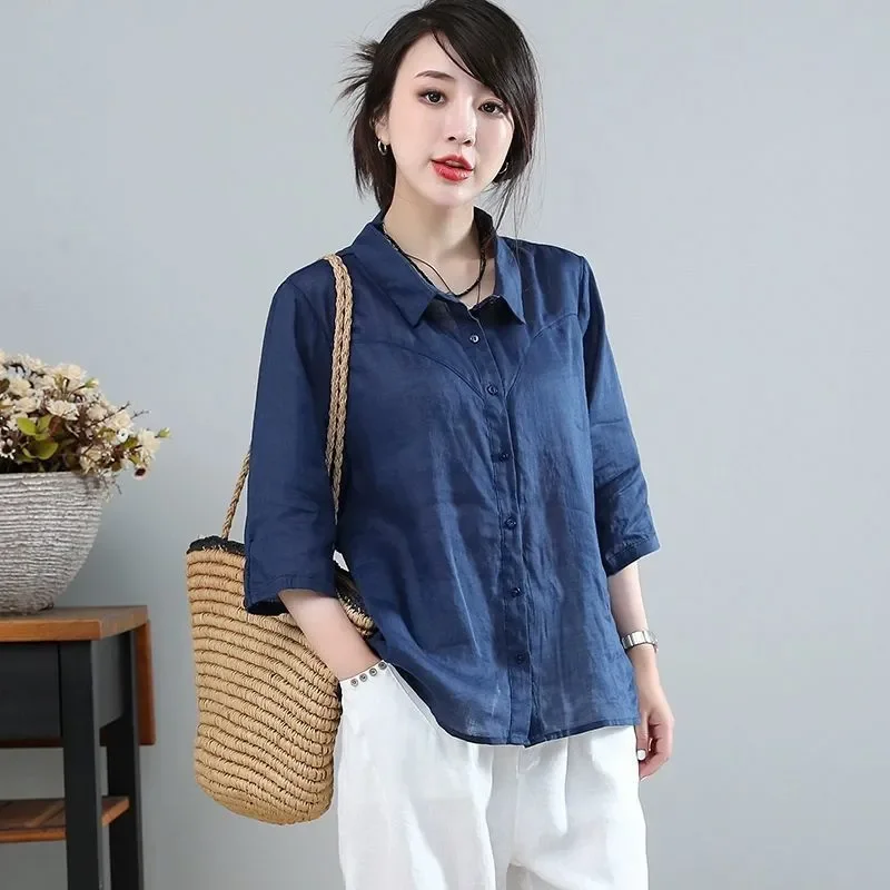 

Women's 3/4 Sleeve Linen Blend Shirt Loose Casual Button Down Blouse