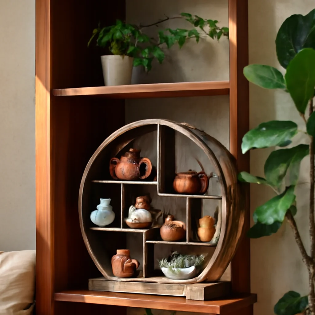 

Elegant Asian Style Solid Wood Tea Table, Entryway Decor Sculpture, TV Stand with Display Shelf, Zen Study Room Furniture