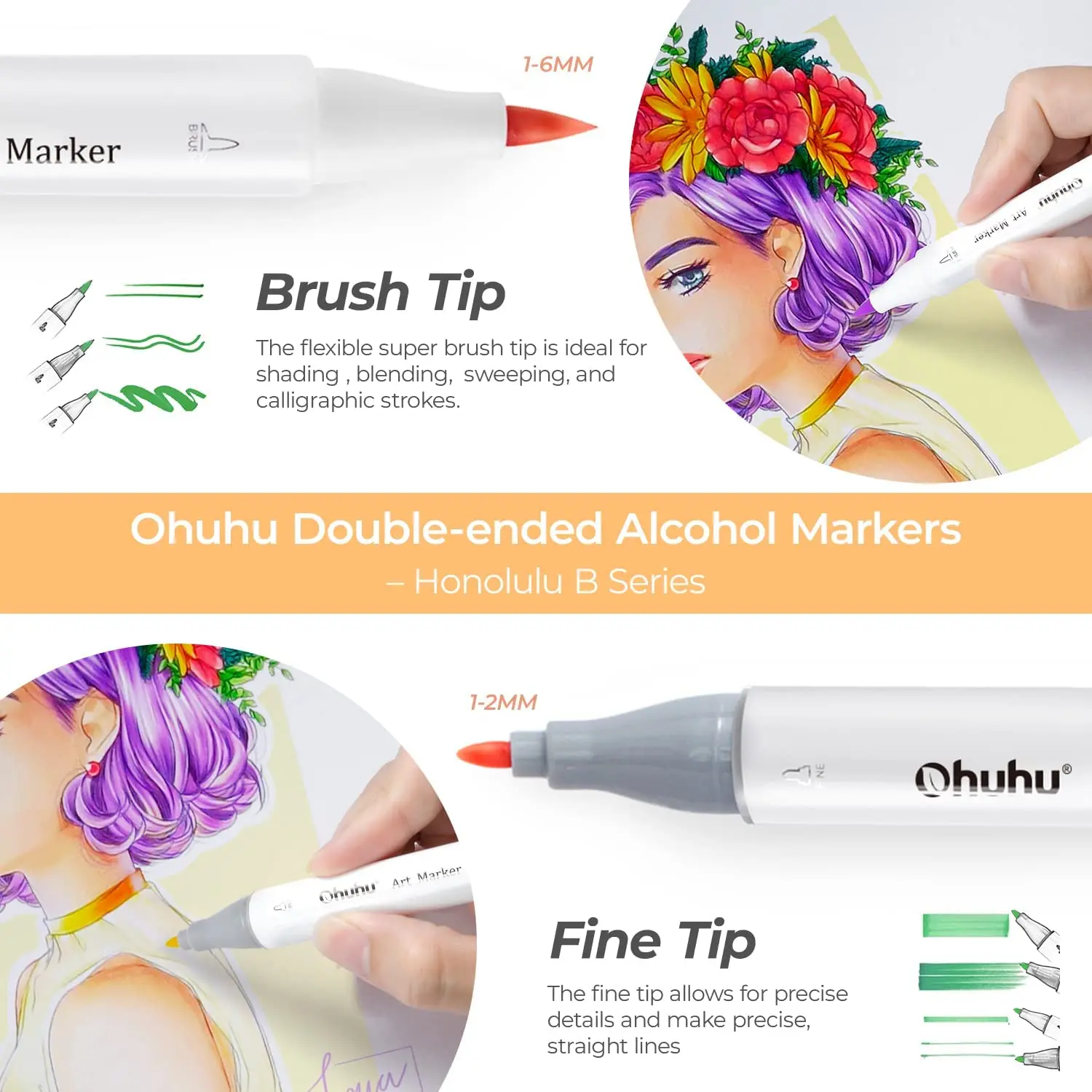 Ohuhu Honolulu B Marker Pen Set Color Markers Alcohol Art Markers Refillable Dual Tips Sketching Drawing Manga School Supplies