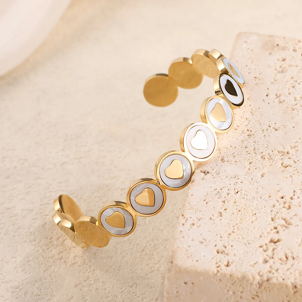 

UILZ White Shell Love Heart Stainless Steel Cuff Bracelet Bangle For Women Gold Plated Waterproof Jewelry Mother's Day Gifts
