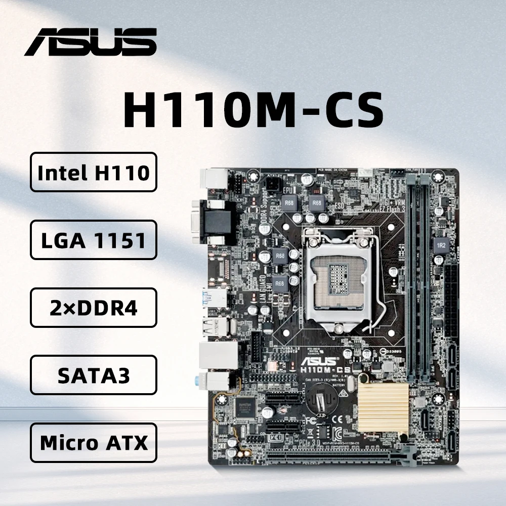 La placa base ASUS H110M-TS admite CPU Core i7/i5/i3 LGA1151 de sexta generación, chipset Intel H110, 2xDDR4, PCI-E 3.0, mATX