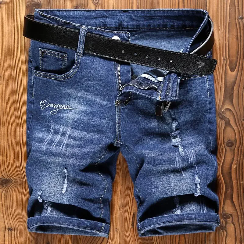 

Slim Man Denim Shorts Bermuda Long Skinny Ripped Short Jeans Pants for Men with Pockets Half Stretch Y2k Fashion Sale Harajuku