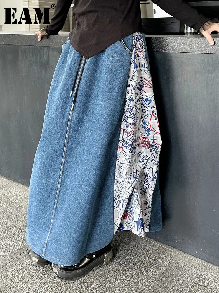 [EAM] High Elastic Waist Green Pattern Printed Denim A-line Half-body Skirt Women Fashion Tide New Spring Autumn 2025 1DH8732