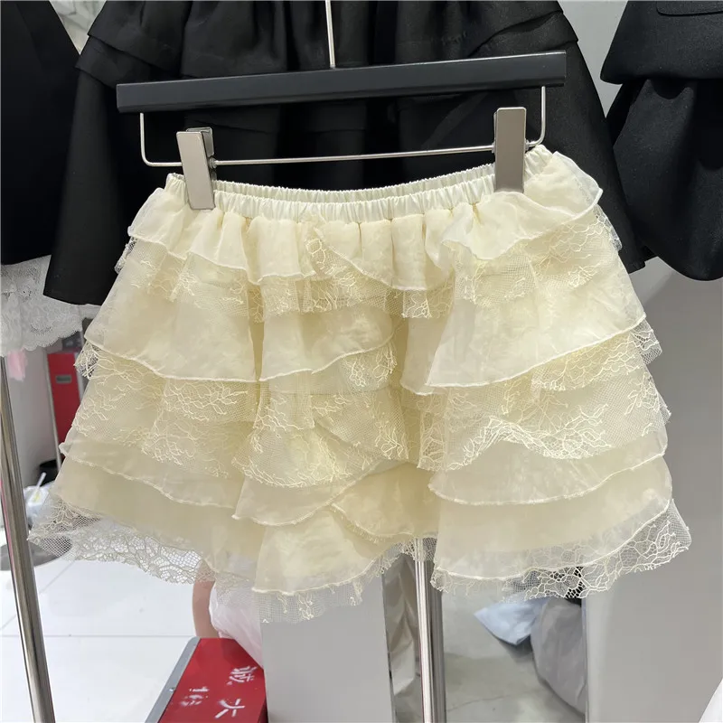 

Summer New Sweet Lace Splicing Cake Skirt Short Girl's Sensation Edging Anti-Light Fluffy Skirt High Waist A-Line Polyester