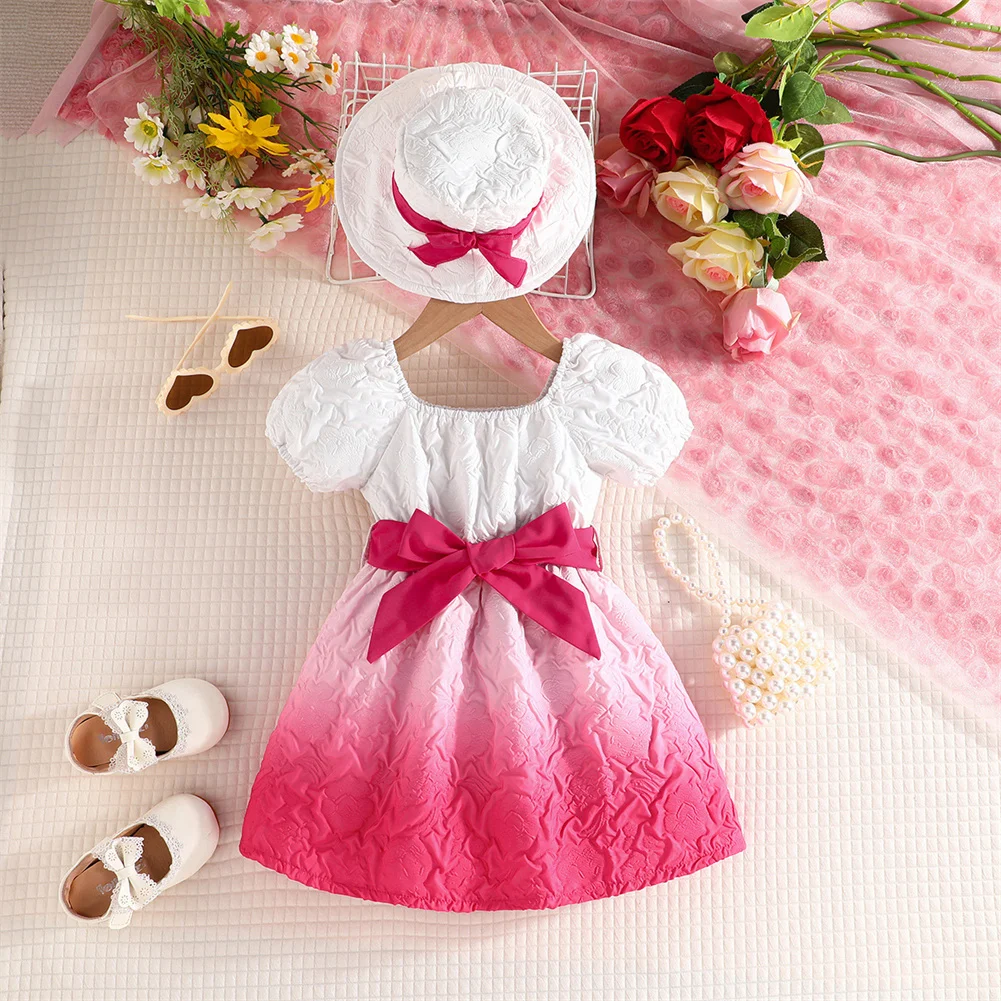 

Toddler Girls 2-pieces Bubble Sleeve Dress Set U Neck Bowknot Gradient Color Hem Dress With Hat