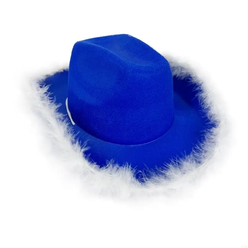 31BF Unique Ocean Blue Feathered Hat Cosplay Hat For Fashion Forward Individuals Furry Trim Hat For Various Occasion Outfit