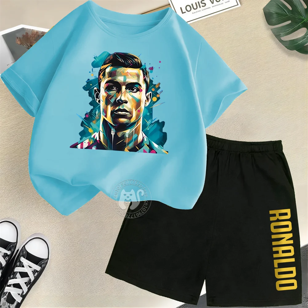 طقم صيفي للأطفال 100% قطن تي شيرتات قصيرة الاكمام + شورت لاعب كرة قدم كريستيانو رونالدو طباعة الأولاد والبنات الرياضات الخارجية se #6