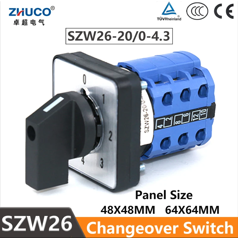 

ZHUCO SZW26/LW26-20 20A Three Pole 0-4 Position 64X64 48X48 mm Panel Silver Contact Universal Transfer Rotary Cam Switch