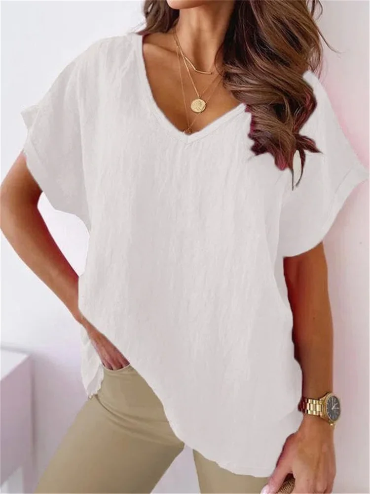 Women's Summer Vintage Linen Cotton Oversized T-Shirt Tops Female Casual Short Sleeve Loose V Neck Blouse T-Shirts Streetwear