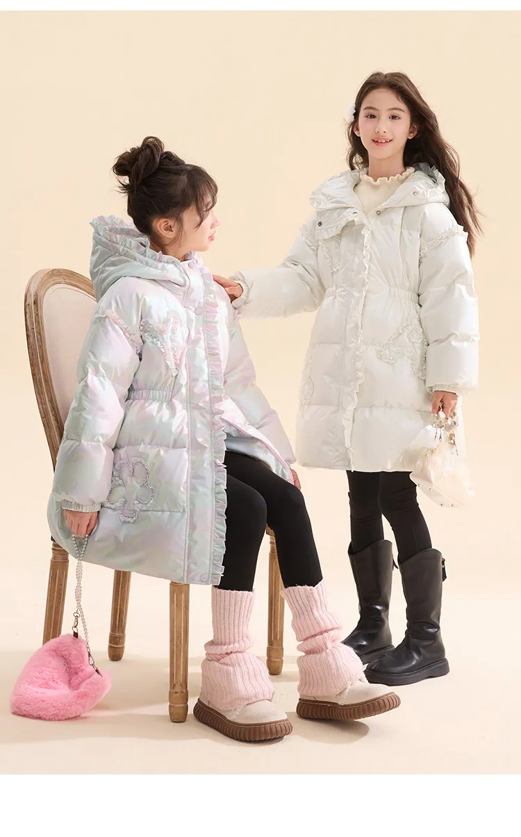 Langer Daunenmantel mit Kapuze für Mädchen, 90 % weiße Entendaunen, warmer Winterparka mit Spitze und Rüschen, winddichte, dicke Oberbekleidung für Teenager und Kinder, A5123 – Detail 9
