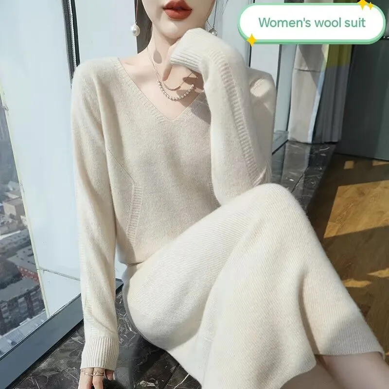 

Autumn winter women's set dress V-neck pullover wool knitted sweater high-end fashion two-piece set solid color cashmere sweater