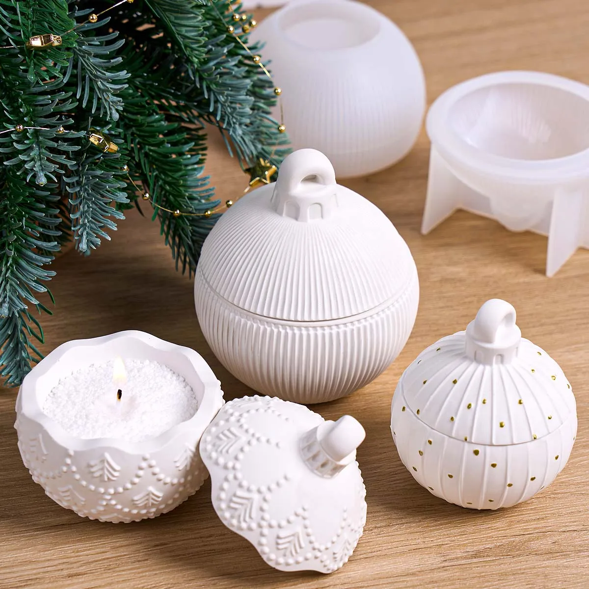 Weihnachtskugel-Kerzenhalter Silikonform DIY Handgemachte Runde Relief-Aufbewahrungsbox Gips-Harz-Vase Bastelgussformen Heimdekoration