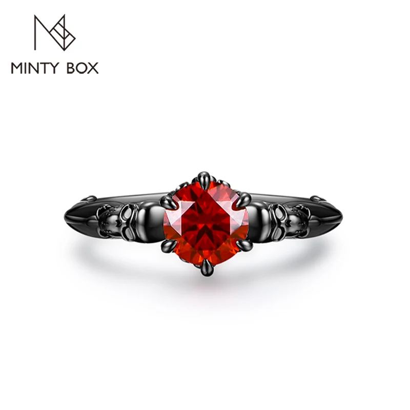 MINTYBOX 925 Sterling Silver Round Cut 6.5mm Red Moissanite Ring for Women Man Halloween Christmas Personality Fine Jewelry