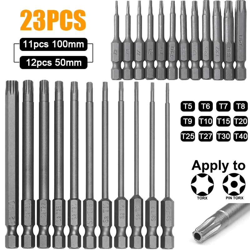 23pcs Torx Screwdriver Bit Set Hex Security Magnetic Head 50mm 100mm Extra Long Screw Driver Drill Bit 1/4in Hex Shank Tool Set