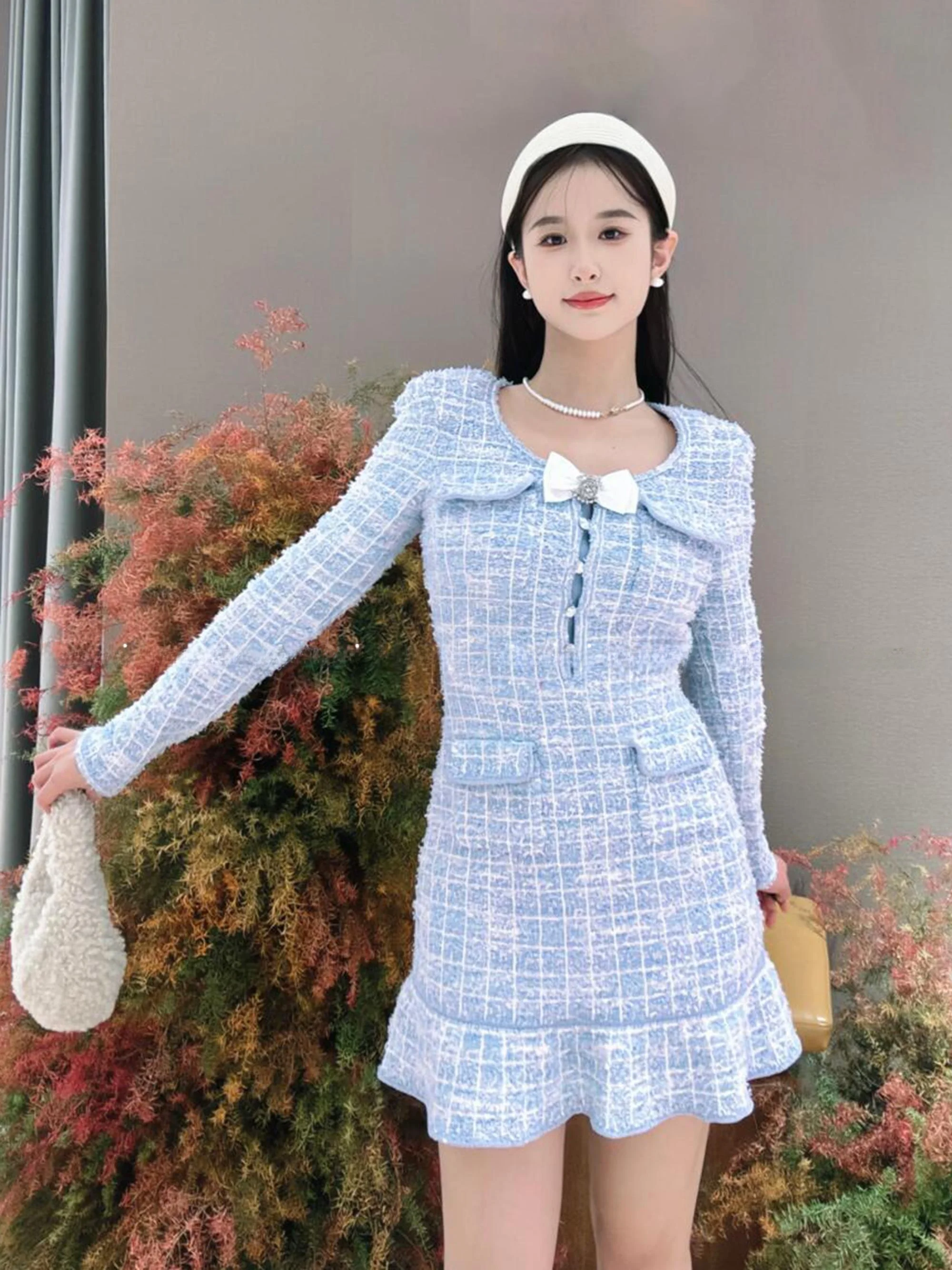 Wiosenna Nowość SP Home Dzianinowa Spódnica z Paskiem, Wysoki Stan, Okrągły Dekolt, Krata, Krój A-Line, Długa, Długość do Połowy Łydki, Motyl...