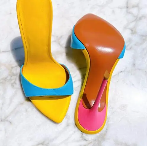 Hot Pink Yellow Blue Leather Mixed Color Pointed Peep Toe Stiletto Heels Shallow Slip On Slide Slippers Women Sexy Sandals Shoes