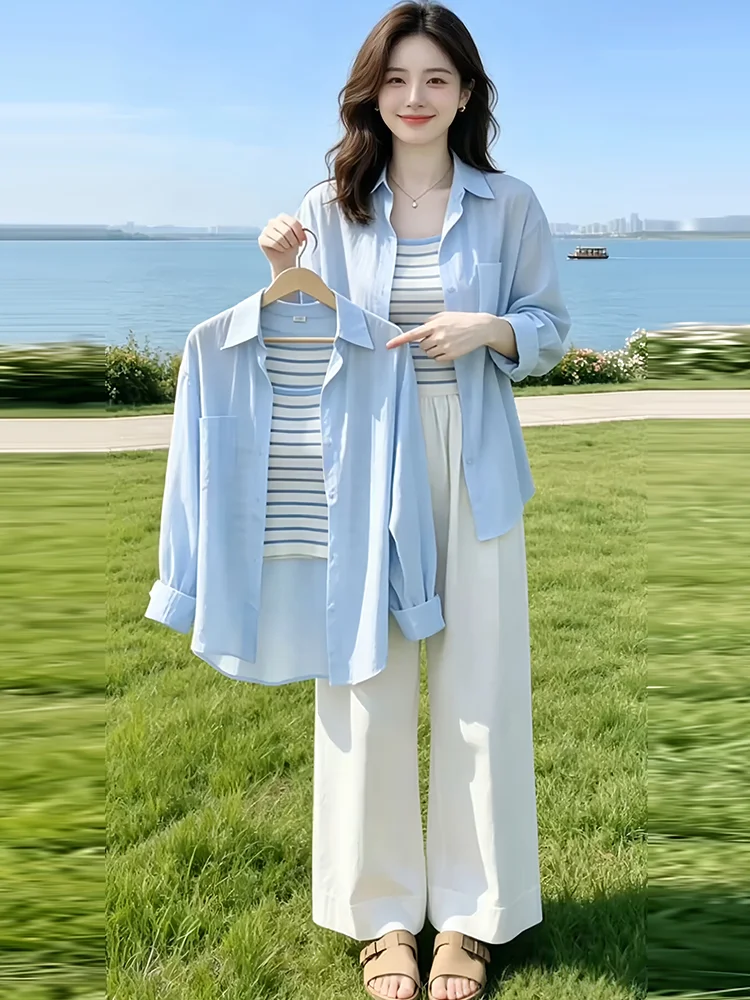 

Summer Fashion Set Women's Collar Sun Protection Shirt Stripe Strap Wide Leg Pants Three Piece Set Breathable Casual Wear