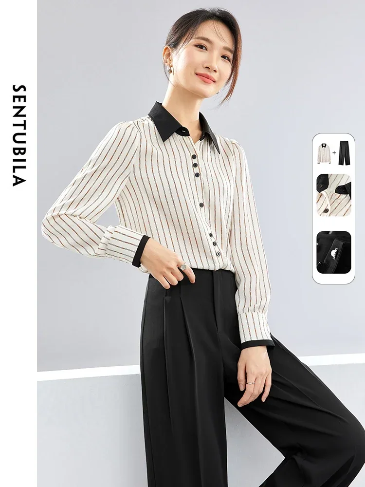 SENTUBILA Two Piece Women Sets Striped Casual Shirt Black Dress Pants 2024 Spring Autumm Commute Business Outfits 141Z53065