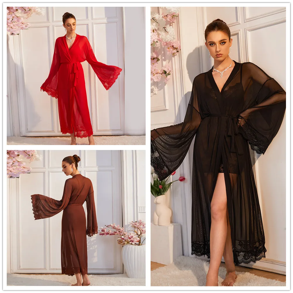 

Sexy Mesh Bathrobe for Women Sexy Lace Women's Solid Color Mesh Perspective Long Robe Kimono