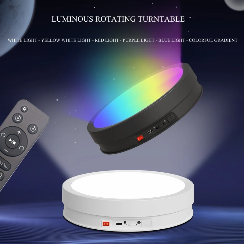 

Intelligent Remote Control Electric Display Stand with Color LED Light Automatic Rotating Disc for Cosmetics Perfume Live Video