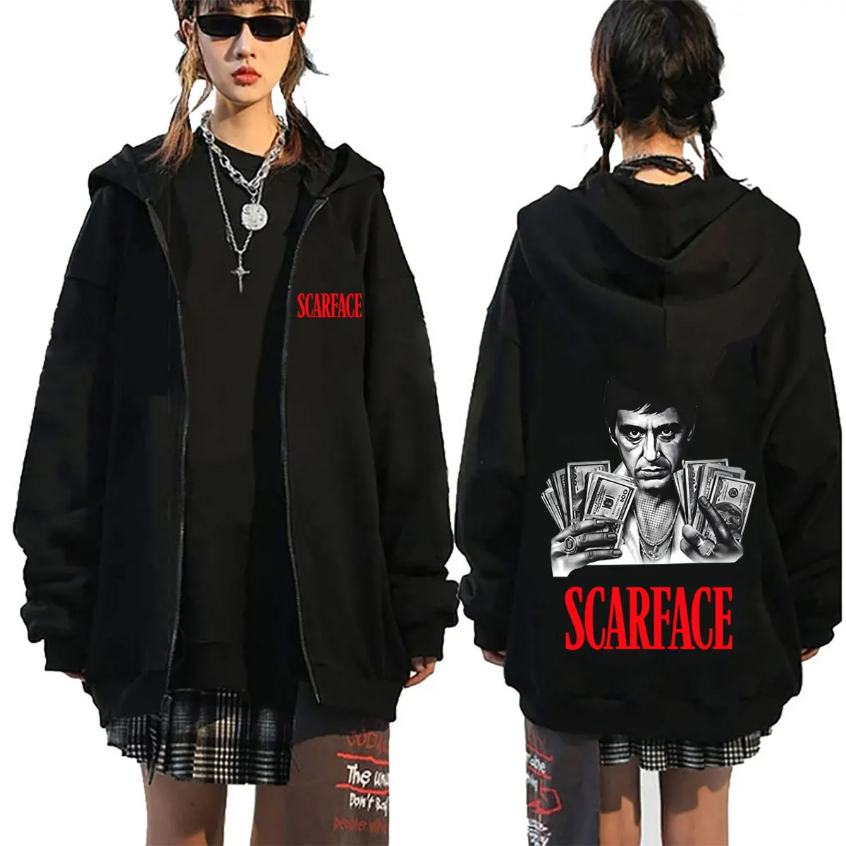 

90s Classic Gangsters Movie Scarface Tony Montana Al Pacino Zipper Hoodie Men Women Rock Oversized Zip Up Jacket Coat Streetwear