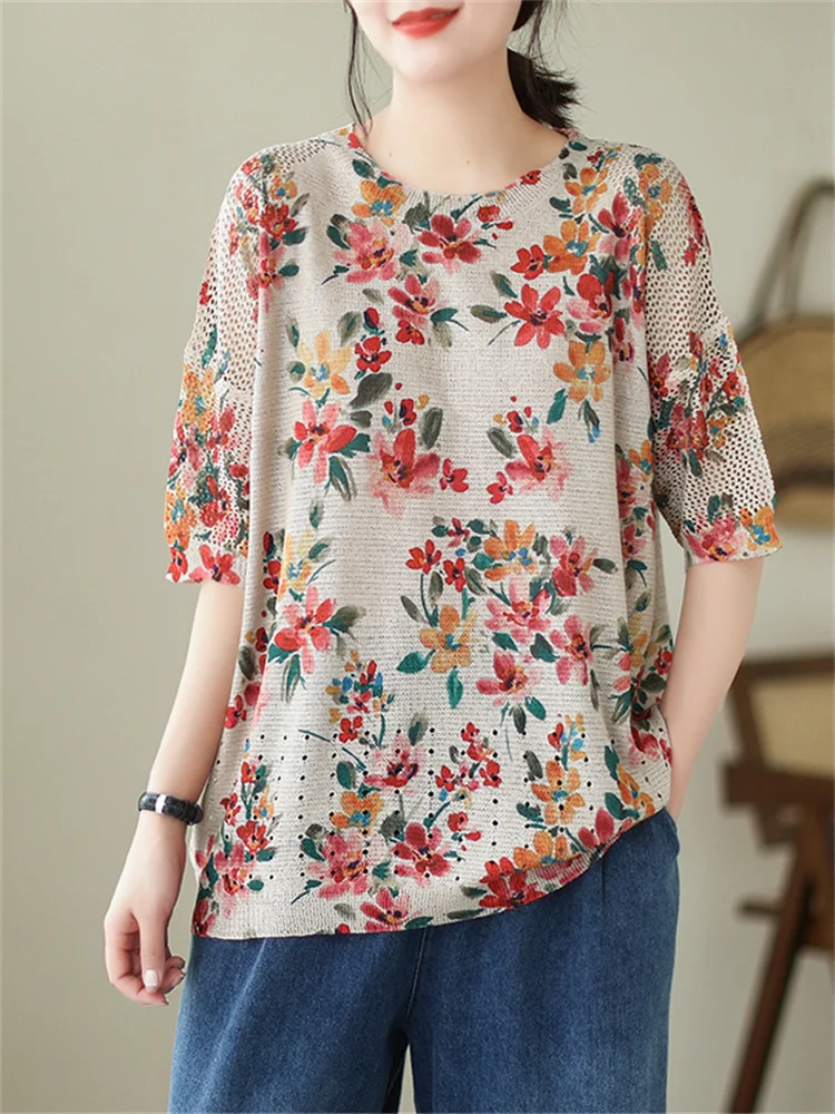 Oversized Summer New Women Knitted Hollow Out Pullover Floral Tshirt Korea Ladies Womens Casual Big Size Loose Print Knit Tops