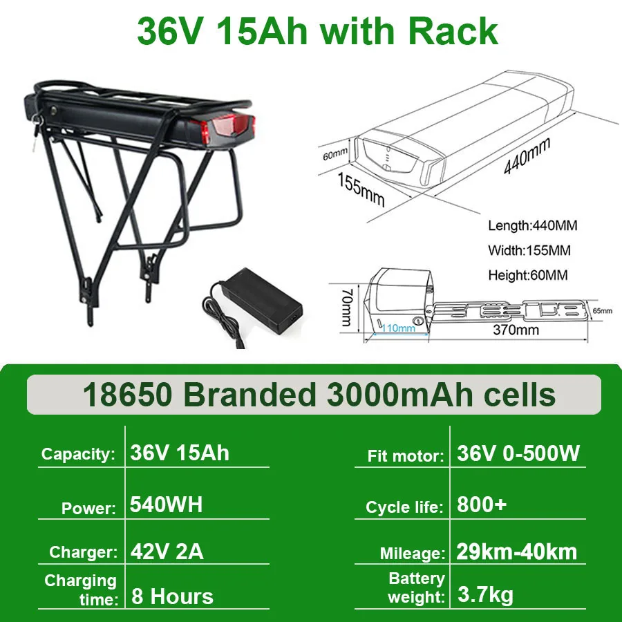 Ebike Batterij 36V 18Ah 17.5Ah 13AH 15H Achterdrager Elektrische Fiets Batterij 18650 27100 Pack voor 36V 250W 350W 500W Motor Kit