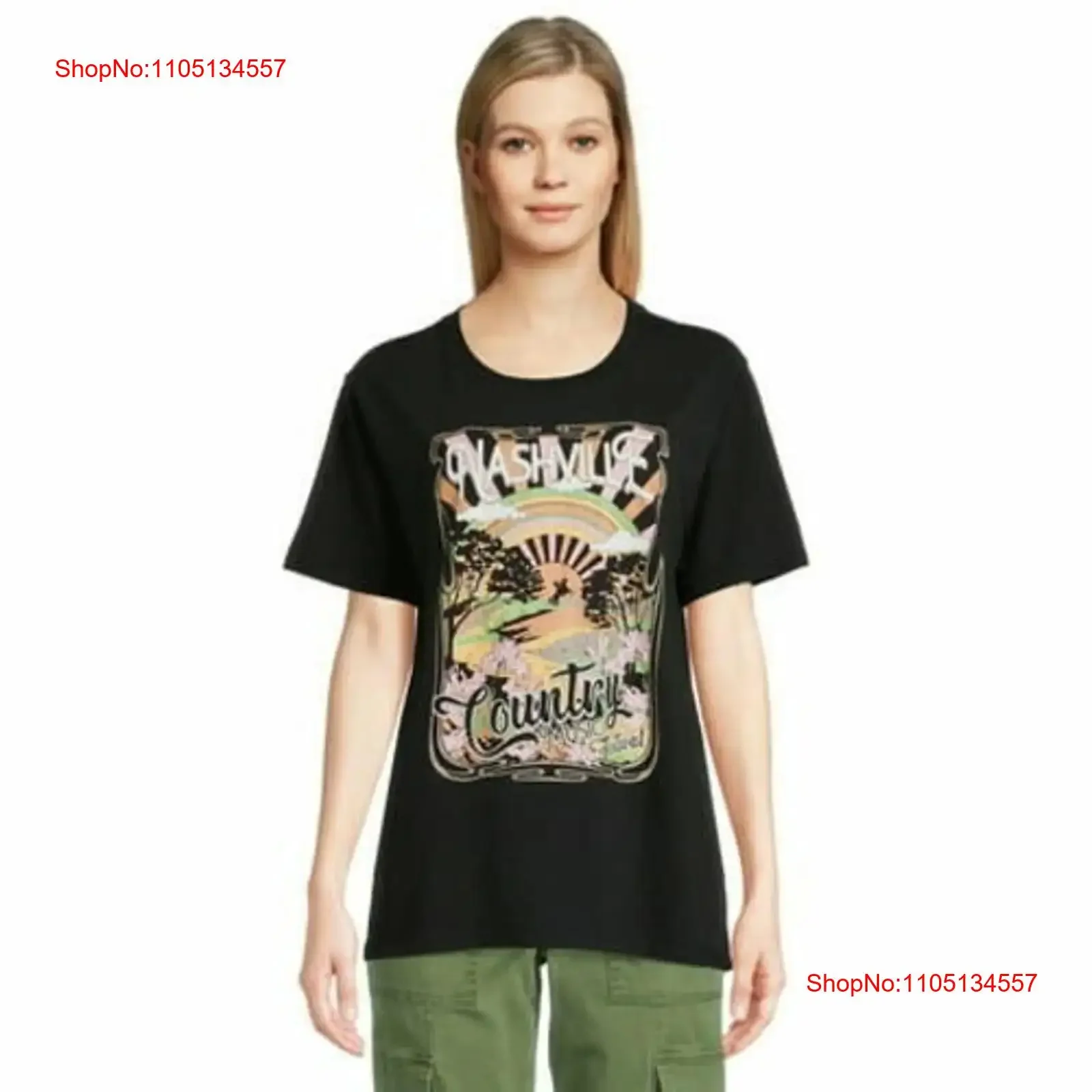 تي شيرت Time and Tru للسيدات Destination Nashville أسود كبير عتيق مغسول كاجوال مصمم أزياء ملابس قابلة للتنفس