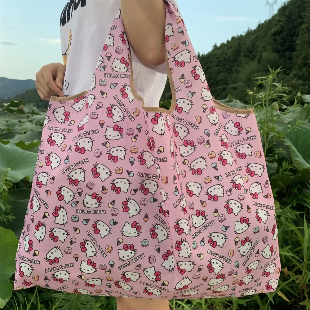 Hello Kitty Anime Sacolas para Meninas, Grande Capacidade, Sacos De Compras, Dobrável Armazenamento De Viagem, Saco de Mão Kawaii Portátil, Sanrio Kuromi