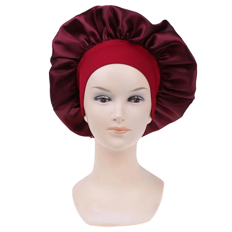 58cm longo cuidados com o cabelo feminino satin bonnet boné noite sono chapéu cabeça de seda envoltório ajustar tampões de banho de malha boné cor sólida