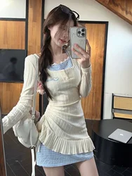 Sweet And Spicy Girl Neck Hanging Fake Two-Piece Dress Korean Style High Waist A-Line Skirt Long Sleeve Short Dress for Women