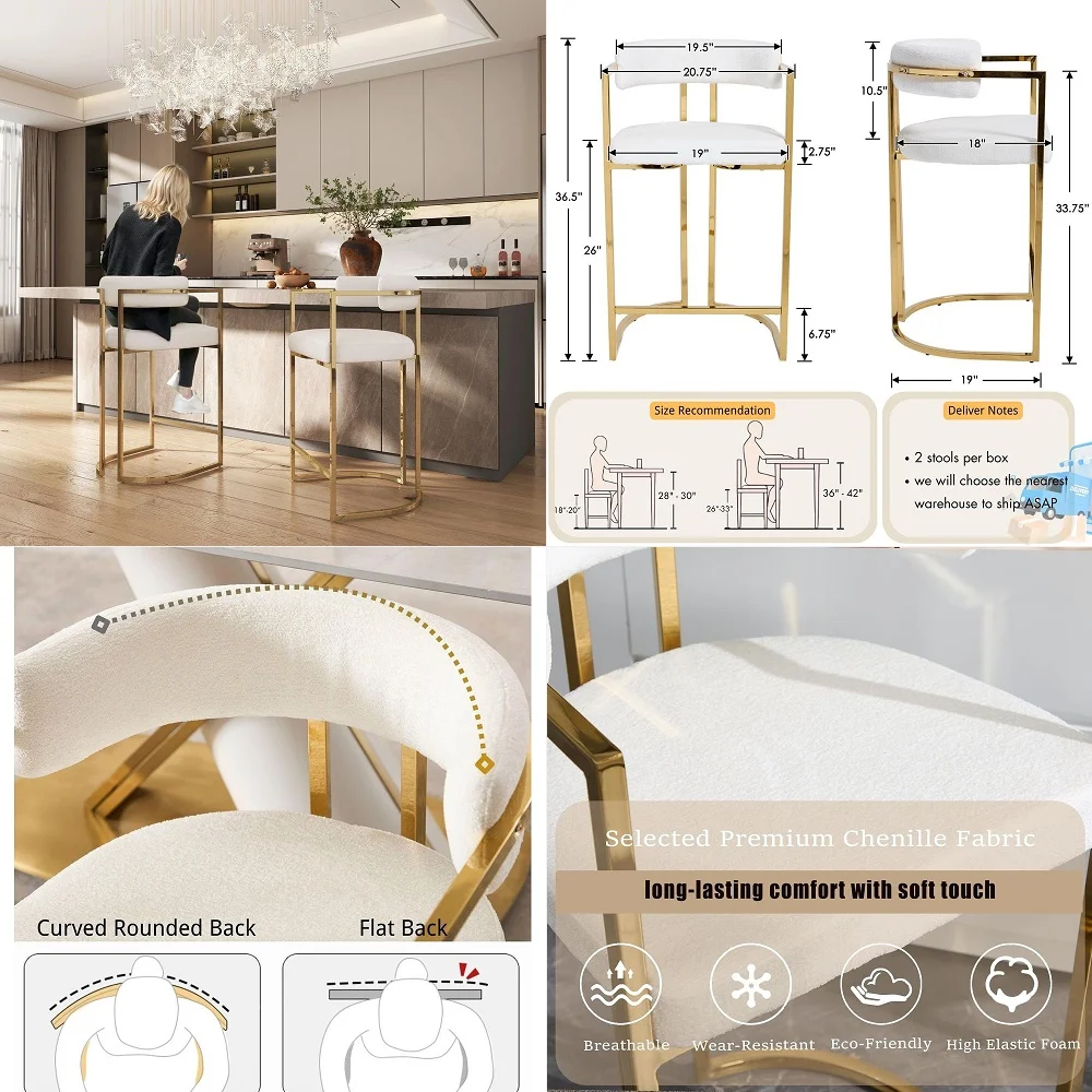 

26 H Counter Height Barstools Set of 2, White Barrel Bar Stools with Gold Legs Low Back Upholstered Island Chair for Kitchen Ca