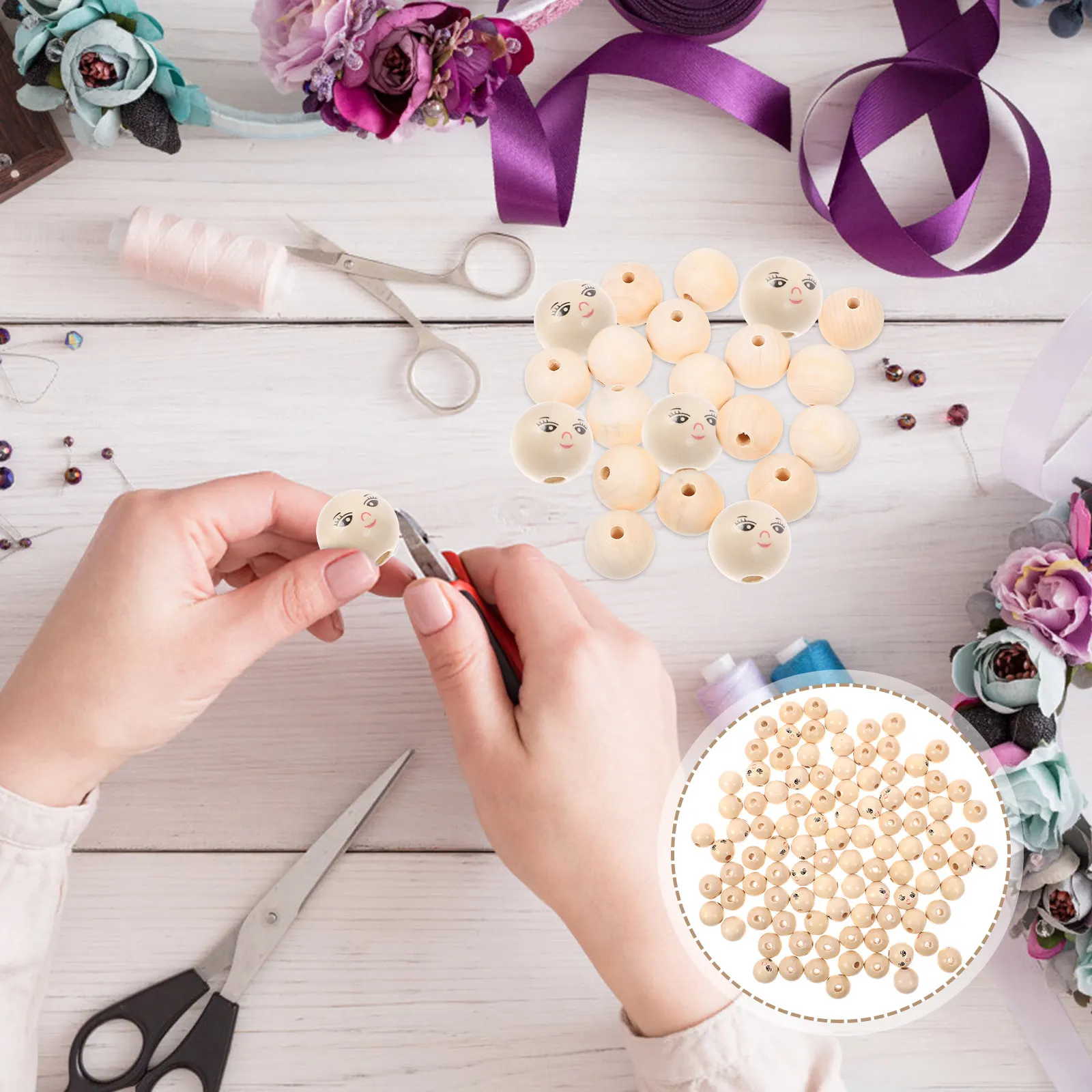 

100 шт. натуральных круглых деревянных бусин с дизайном «смейущиеся лица», гладкая поверхность, для рукоделия, изготовления украшений, ожерелий, браслетов, креативных поделок