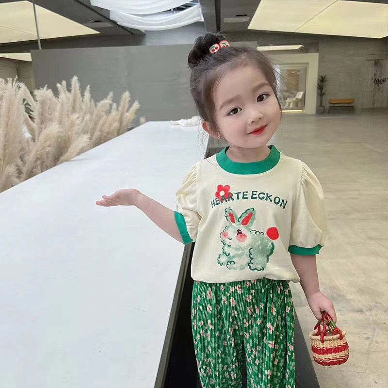 Cotton Girls Suits Summer Short Sleeve Printed Shirt+Leg Pants 2Pcs Sets Children Baby Kids Clothing Sets Girls Outfits Set 1-6Y