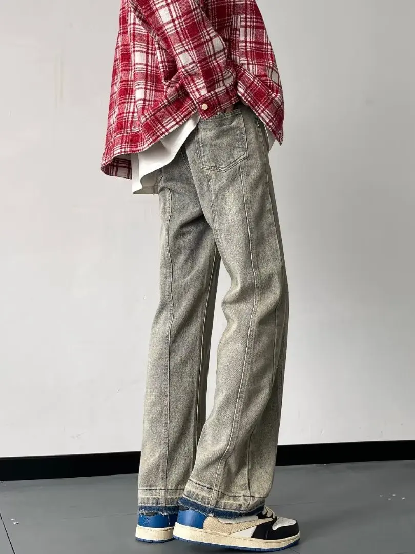 

American Sle Loose Wide Leg Men's Jeans Student Yellow Mud Color High-End Sensation Casual Straight Tube Long Pants