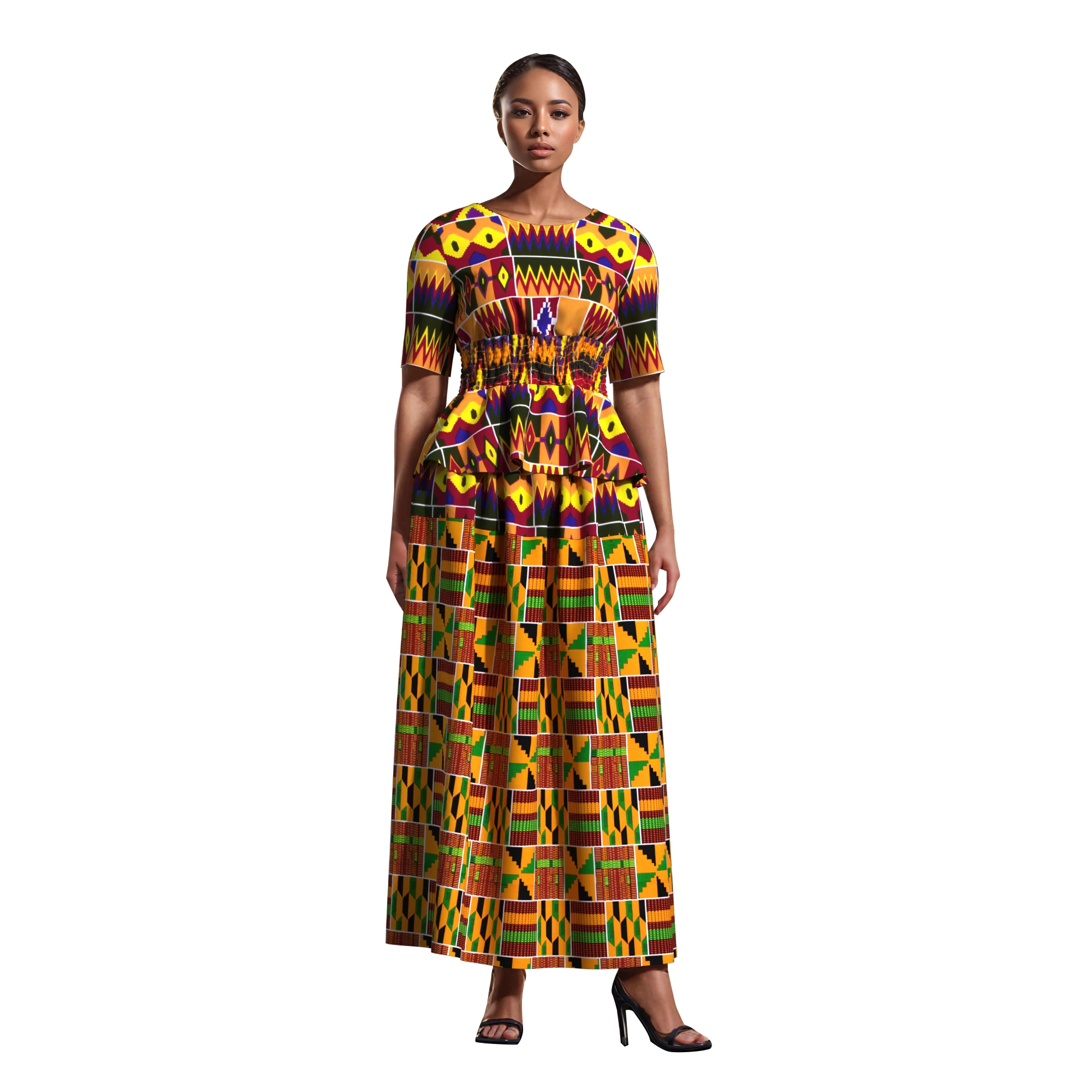 African Print Ladies 2 Piece Set, Two Different Pattern Combo Top & Maxi Skirt, Multi Color Options  WY10620