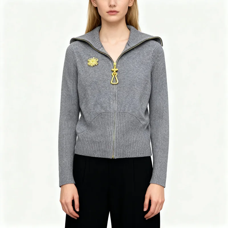 

Women's Long-Sleeve Jacket Autumn Fashionable Casual Style with Metal Decorative Zipper