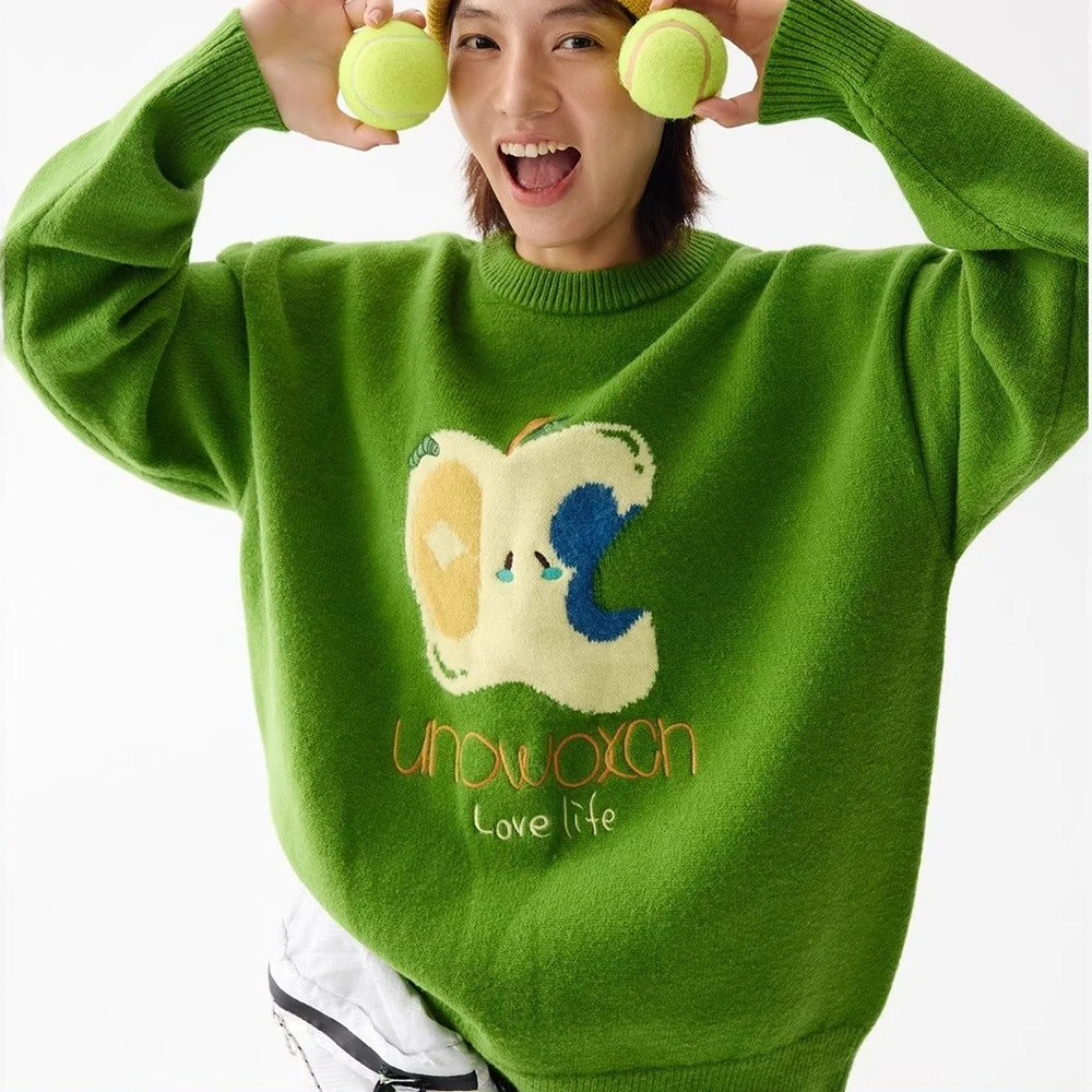 

Design Sense Apple Lazy Wind Green Sweater Jacket Male and Female Couples Autumn and Winter Knitted Crew Neck Top