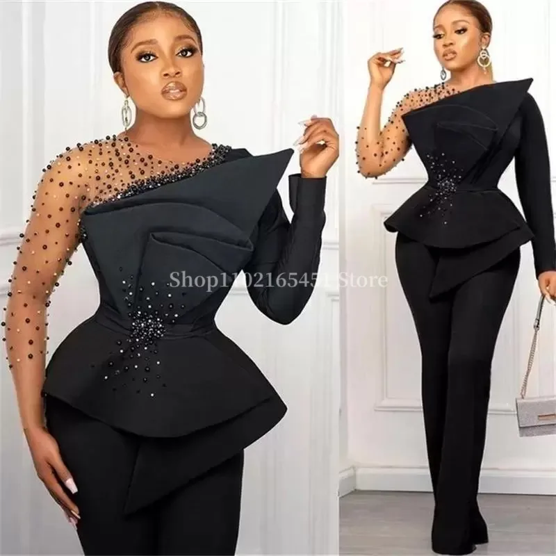 

Black Satin Evening Jumpsuit Dresses Long Sleeves Beaded Sheer Neck Formal Fit Occasion prom Dress Arabic Aso Ebi Customized