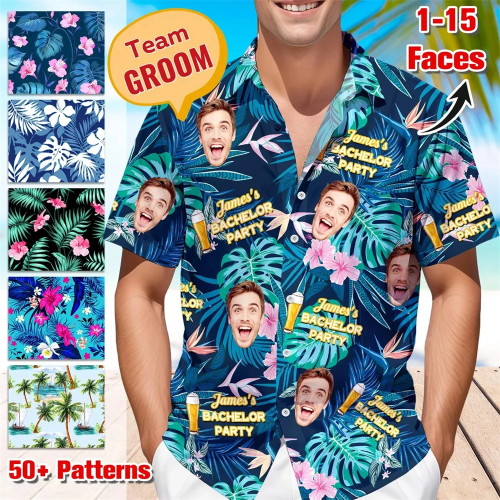 Personalized Custom Text & Face Aloha Shirt Multiple Tropical Leaf Flower Background Options DIY Family Dog Cat Face Party Shirt