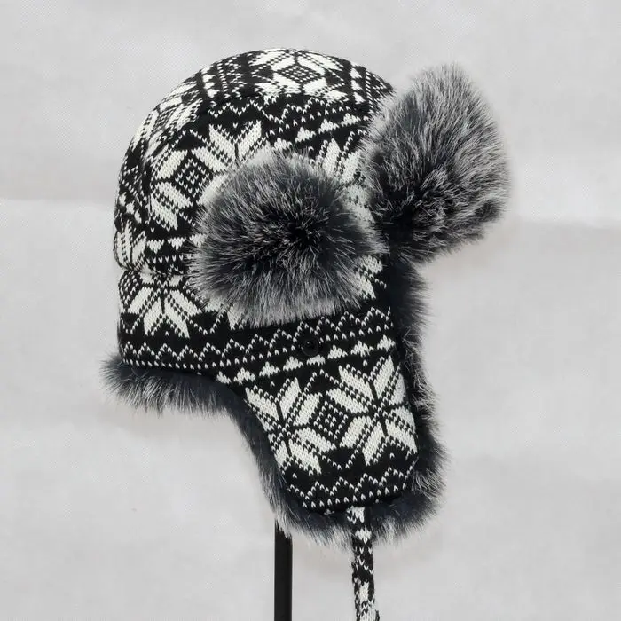 Russian Fur Hat Ushanka Black White Bomber Hats Male Female Ear Flaps Winter Thick Warm Knitting Outdoor Trapper Hat