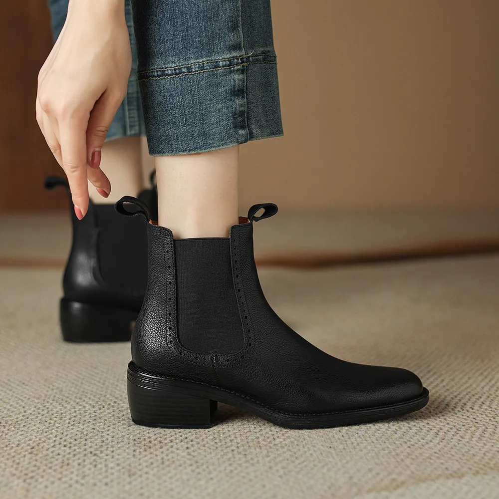 Aucegi شعبية النساء جلد طبيعي تشيلسي حذاء من الجلد جولة تو الانزلاق على شريط مرن حذاء بكعب سميك الحياة اليومية الأحذية المصنوعة يدويا #6