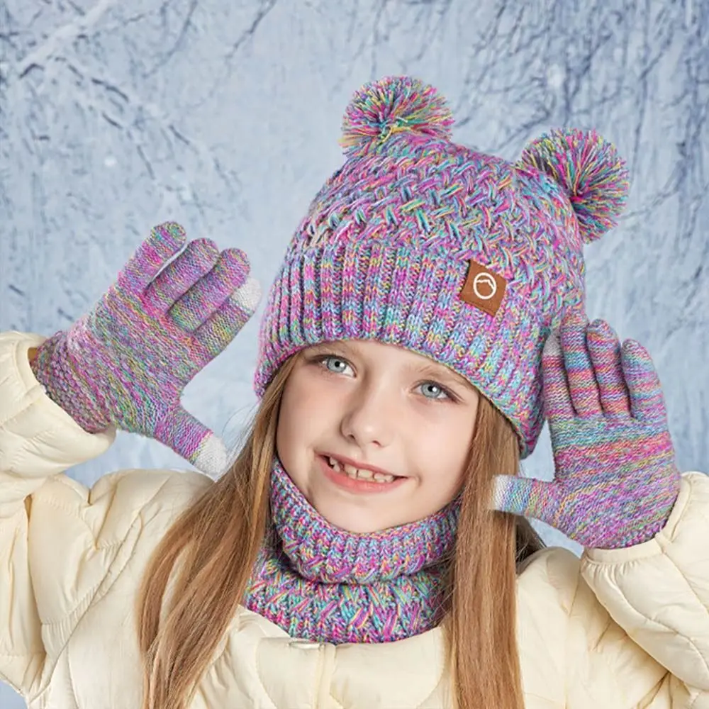 Casual Winter Hat Gloves Scarf Set Warm Thickened Beanie Hat with Pom Knit Children  Hat Gloves Scarf Set