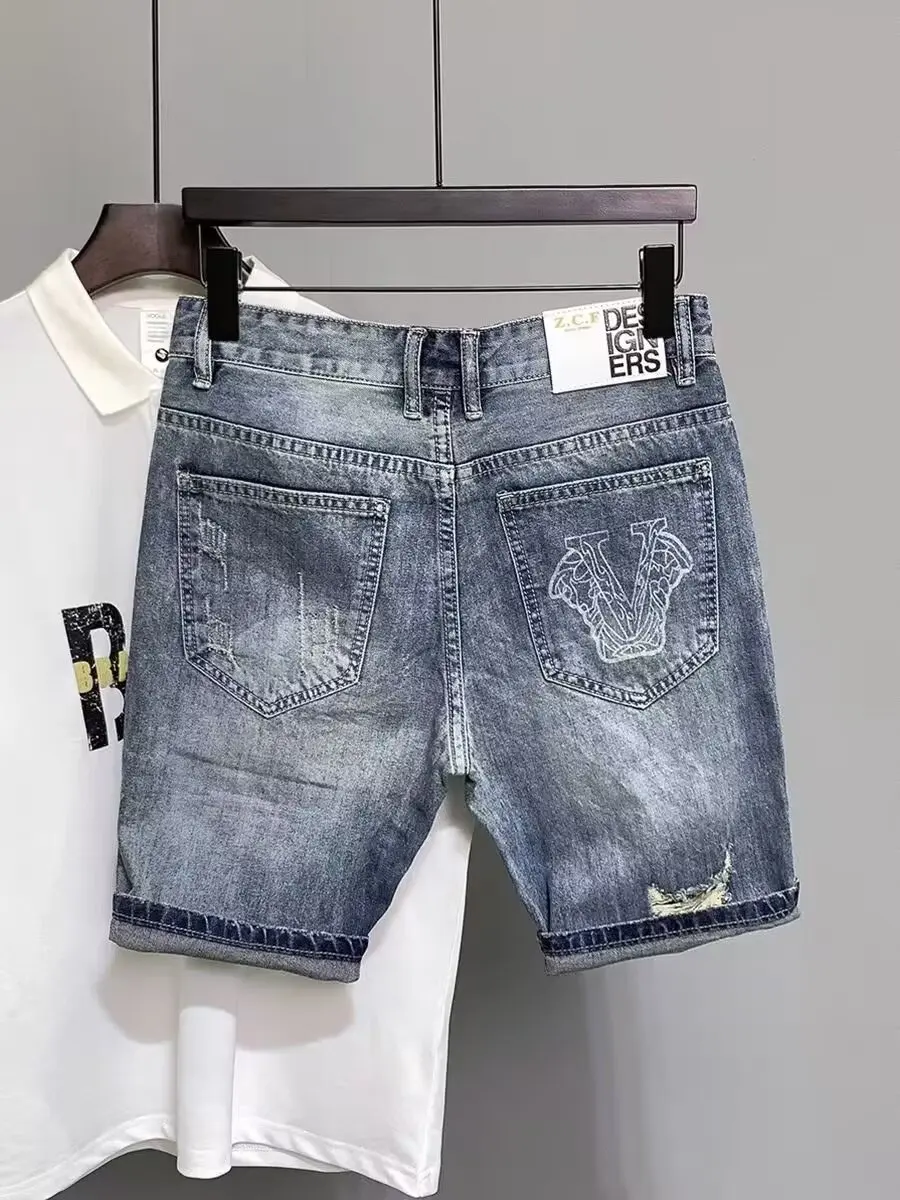 Shorts jeans rasgados masculinos com buracos, jeans masculinos, calças justas, design angustiado, estilo coreano, elegante, verão